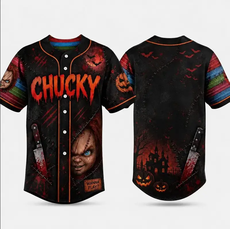 Chucky Horror Movie Halloween Baseball Jersey, Scary Doll Unisex Streetwear Sports Button-Down Shirt
