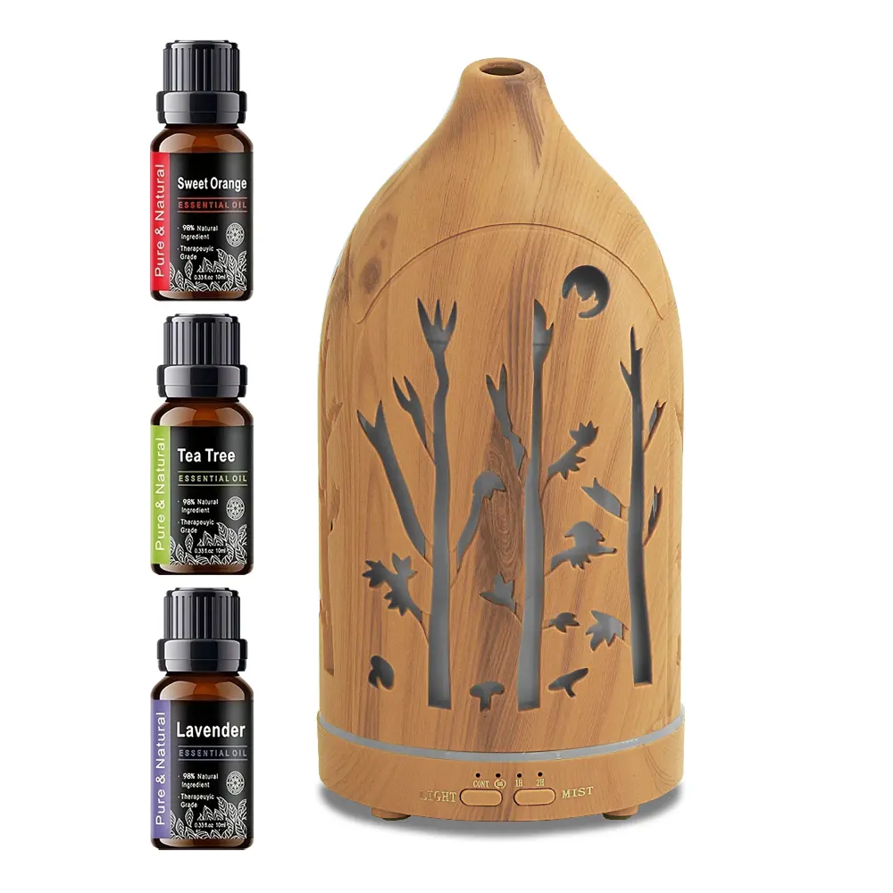 200ml Compact Wood Grain Hollow Carved Ultrasonic Aroma Diffuser Humidifier Set - Fragrance Diffuser for Home, 7-Color LED Night Light, Whisper Quiet, Auto-Shut Off, Food-Grade PP, 3 Essential Oils Included, Bedroom Decor Gift, Aroma Diffuser For Home