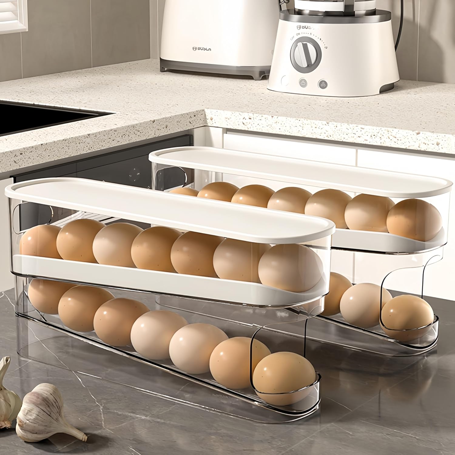 Egg Organizer，Rolling Egg Storage Box Kitchen Multi-Layer Stackable Fridge Organizer Creative Slanted Refrigerator Accessories Side Door Dedicated Automatic Replacement Egg Tray Freshness Box,Mother's Day gift