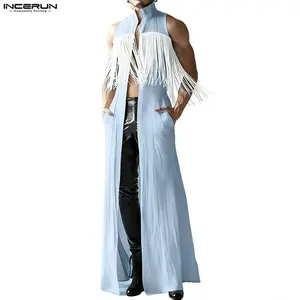 INCERUN Men's Summer Boho Aesthetic Long Vest Sleeveless Cardigan Tassel Fringe Open Front Statement Piece Festival Stage