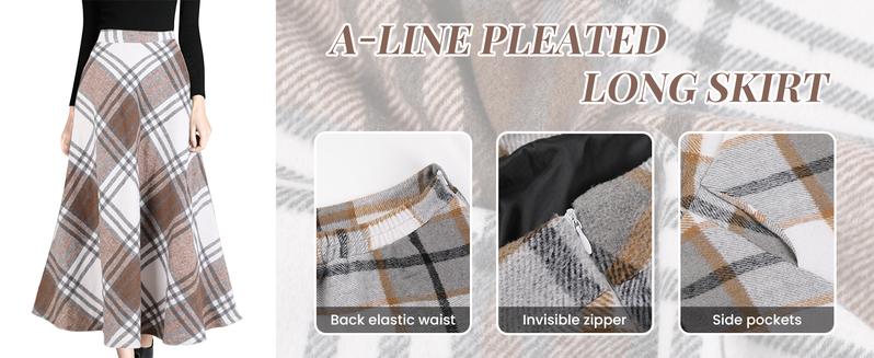 Kingapril Women's Winter Cozy Wool Elastic Waist A-Line Pleated Long Style Plaid Skirt