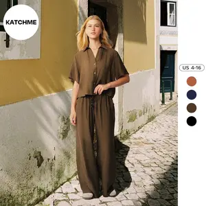 KatchMe Women's Classy Solid Color Collared Shell Button Loose Top & Drawstring Wide Leg Trousers Co-ord, Comfort Set for Lady, Basic Two Piece Outfits