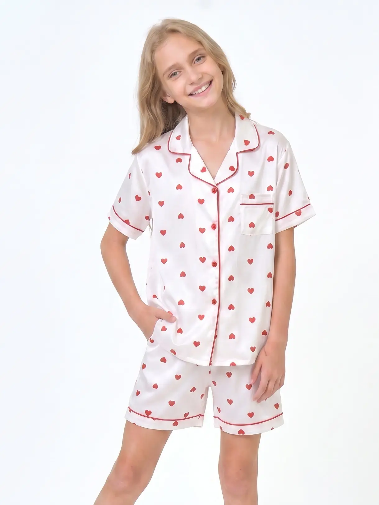 Kids White Red Heart Print 2 Piece Pajama Set Short Sleeve Satin Sleepwear for Boys & Girls, Ideal Kids Girl Stuff & Kids Stuff, Cute Teen Girl Clothes, Soft Comfy PJs 5-14, Polyester, Short Sleeves Pastel Cute Pajamas Soft Casual Pajamas