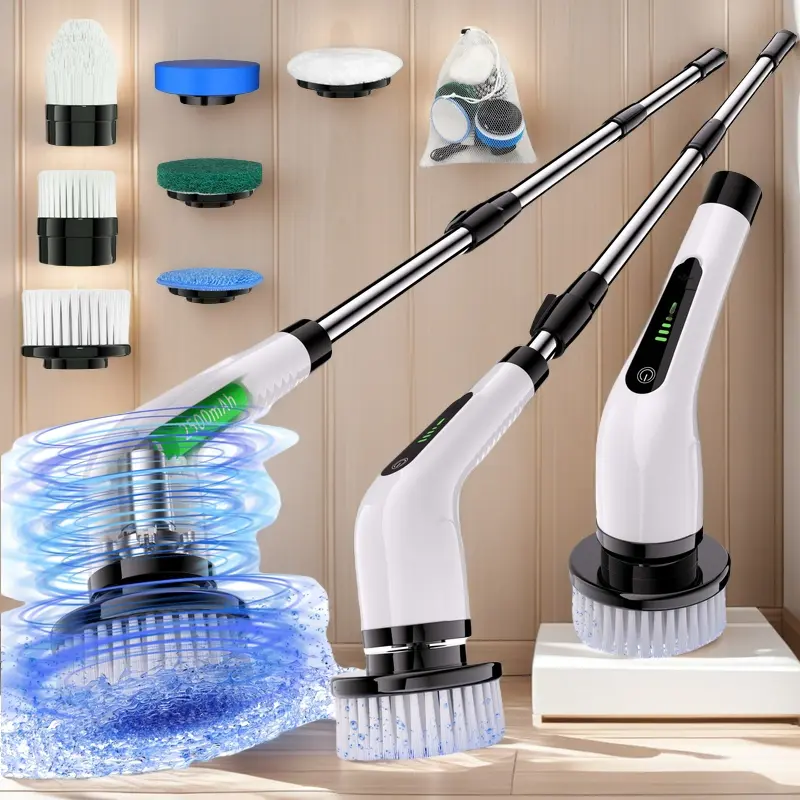 Electric rotary washer, rechargeable cleaning brush, shower washer with 9 brush heads, 2-hour power dual-speed, adjustable extended handle, IPX7 waterproof, suitable for bathtubs, tiled floors, cars, white Easter gifts Multifunction Durable