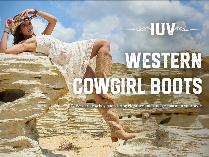 IUV Cowboy Boots For Women Knee High Boots Pointy Toe Women's Western Boots Side Zipper Chunky Heel Cowgirl Boots