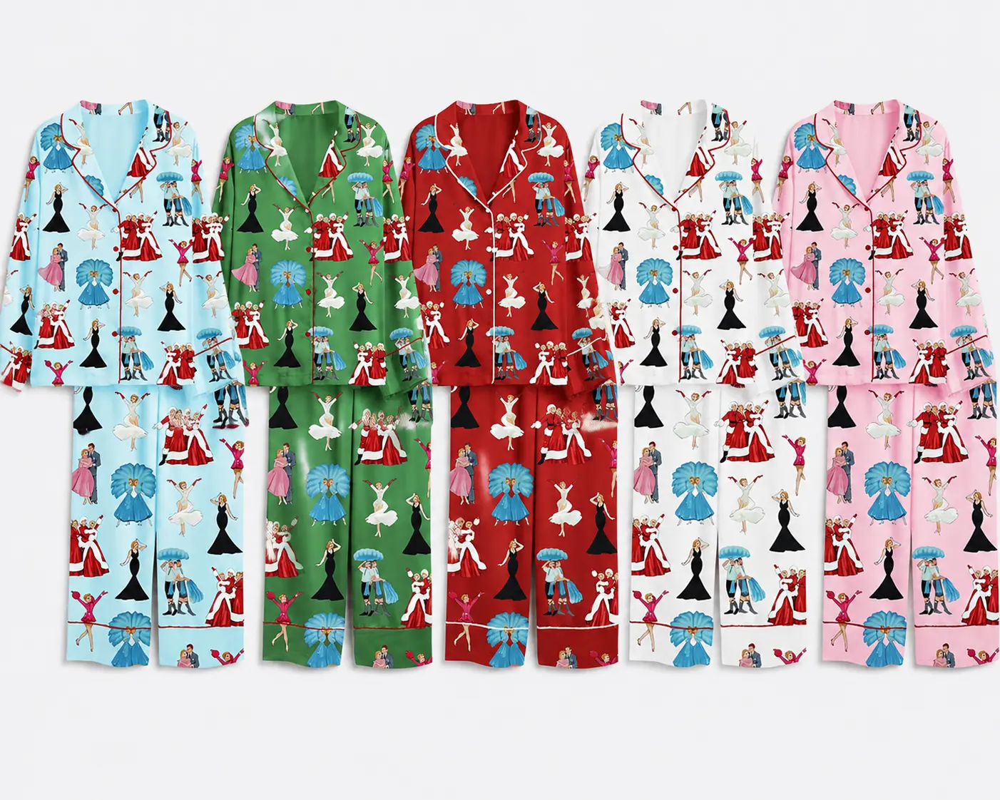 Women's Men's Silky Satin White Christmas Movie Pajama Set - Matching Couples 2-Piece Sleepwear (Long-Sleeve Trouser, Short-Sleeve Shorts) with Pocket, Adjustable Festive Loungewear, Couple Gift Clothes