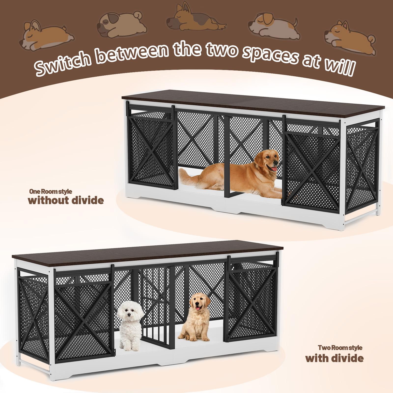 COZPAW 78" Double Dog Crate Furniture for 2 Dogs,Extra Large Furniture Style Dog Kennel,Heavy Duty Wooden XL Dog Cage with Removable Divider,Pet Cage TV Stand & Side Table (White Brown)