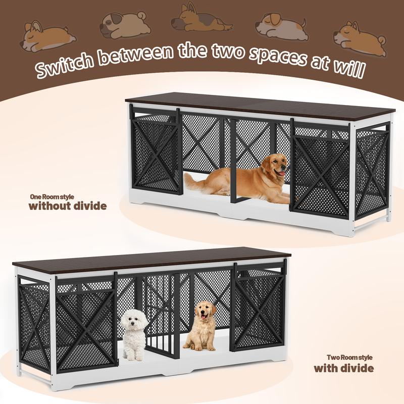 COZPAW 78" Double Dog Crate Furniture for 2 Dogs,Extra Large Furniture Style Dog Kennel,Heavy Duty Wooden XL Dog Cage with Removable Divider,Pet Cage TV Stand & Side Table (White Brown)