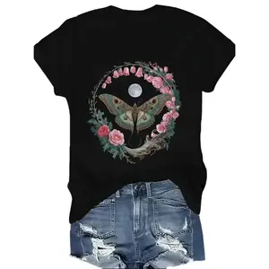 Women's Moth & Floral Graphic Tee - Detailed Botanical Insect Print on Plus Size Short Sleeve Sports T-Shirt, Soft & Breathable for Casual Workouts & Everyday Style