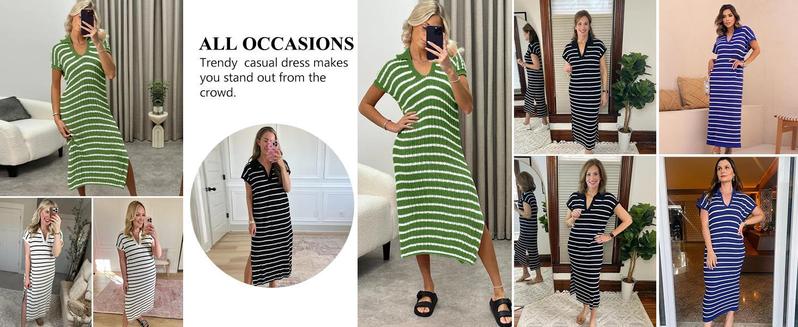Imily Bela Womens Striped Summer Dresses Short Sleeve V Neck Knit Collared Sexy Slit Loose Maxi Sweater Dress