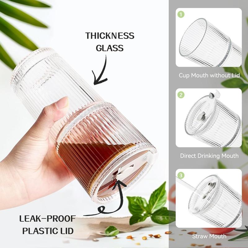 Ribbed Glass Cups with Lids and Straws | 6/8Pack 20oz Thickened Tumbler Set | Ideal for Coffee, Smoothies, Cocktails & Juices
