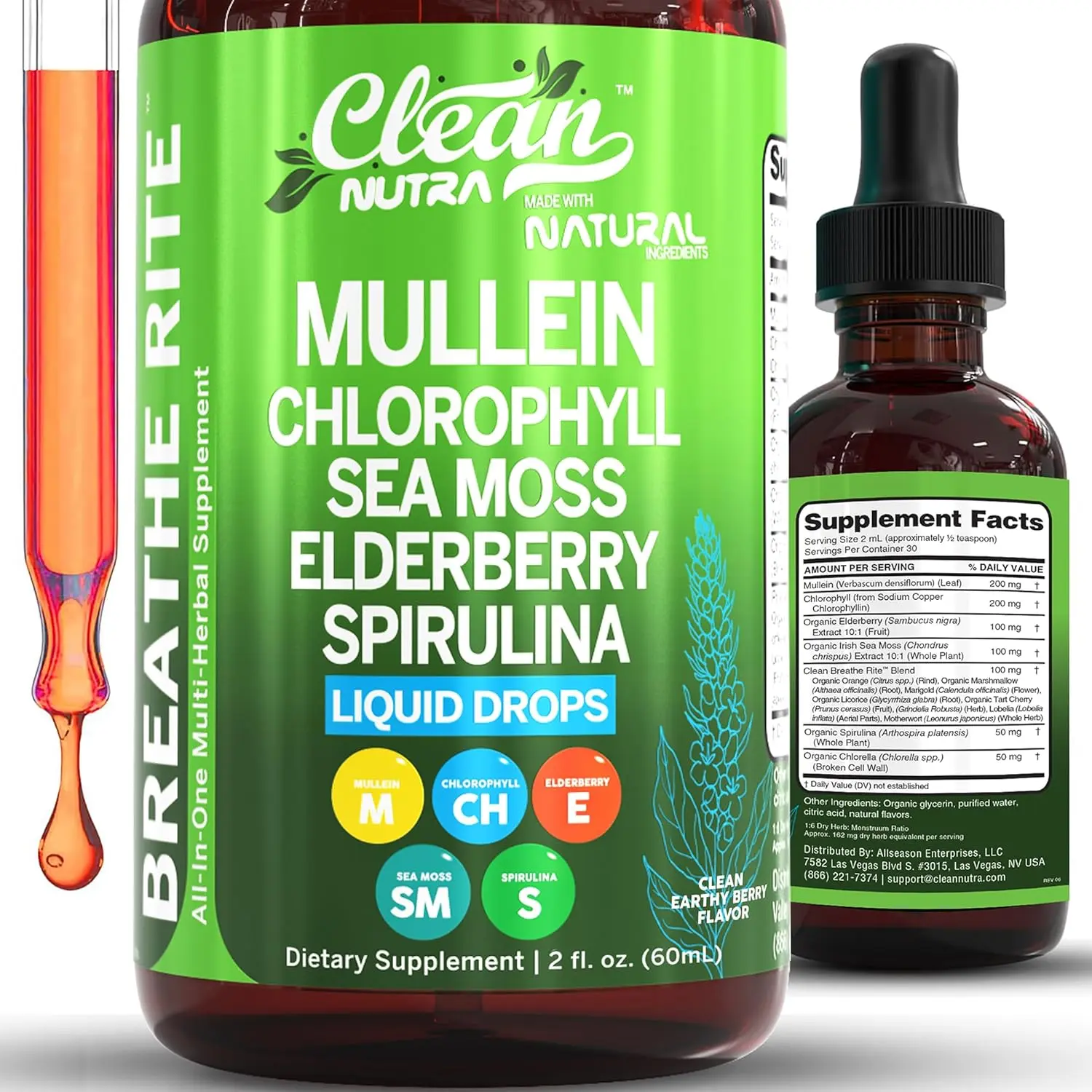 Clean Nutra Mullein Chlorophyll Drops for Lungs Detox Organic Liquid Irish Sea Moss, Spirulina, Licorice, Tart Cherry Lobelia, Motherwort & Elderberry Mullein Leaf Extract Tincture Men Women Supplement
