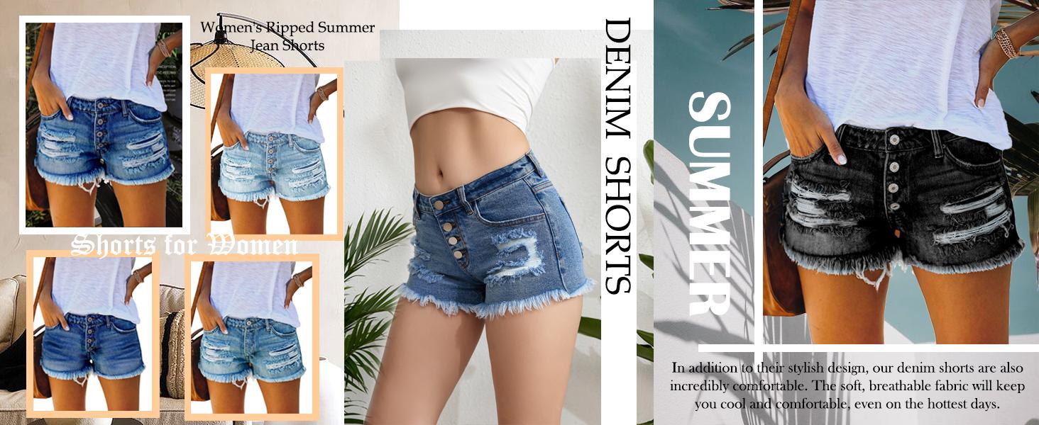 MIFOCAL Women's Mid Rise Ripped Stretchy Jean Shorts, Frayed Raw Hem Casual Denim Shorts,Slim Fit Denim Jeans&Clothing  For Women,Fashion Bottoms For Daily Wear