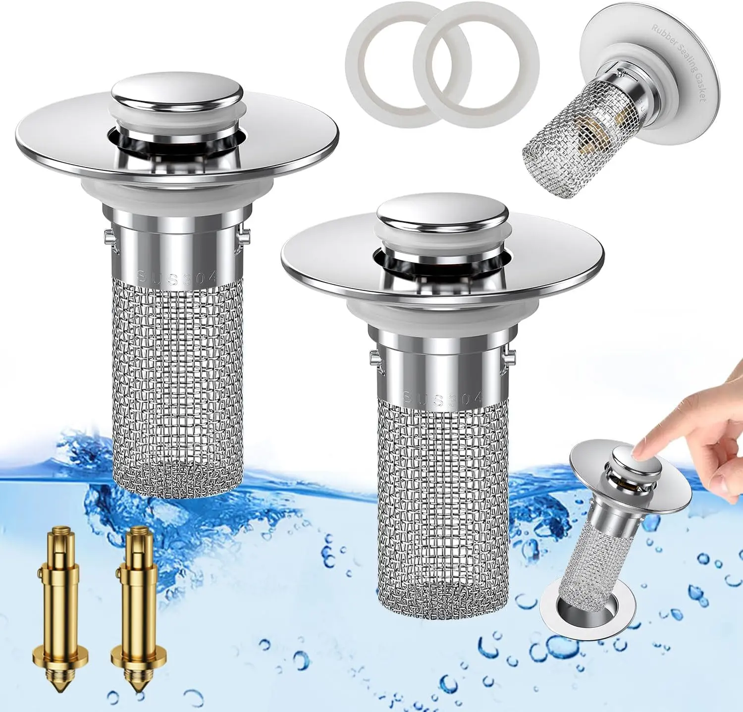 Bathroom Sink Stopper Stainless Steel Modern Anti-Odor with Bouncing Core Brass Pop-Up Drain Plug Universal Bathroom Gadget High Pressure Showerhead