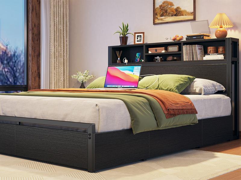 Raybee 6 Drawers Wood Bed Frames for King Queen Full, Luxury Platform Bed Frame with Storage Head Board & Build-in Power Outlet, Holds up to 1000lbs with Metal Frame & Slats, Noise Free, Space Saving for Bedroom