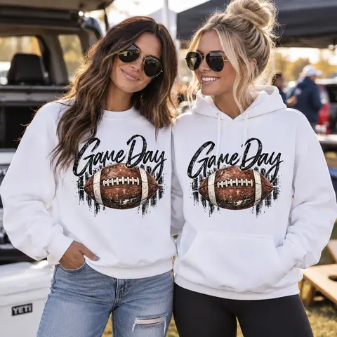 Game Day Football Sweatshirt & Hoodie – Vintage Distressed Football Graphic – Unisex White Crewneck or Pullover Hoodie – Football Season Apparel