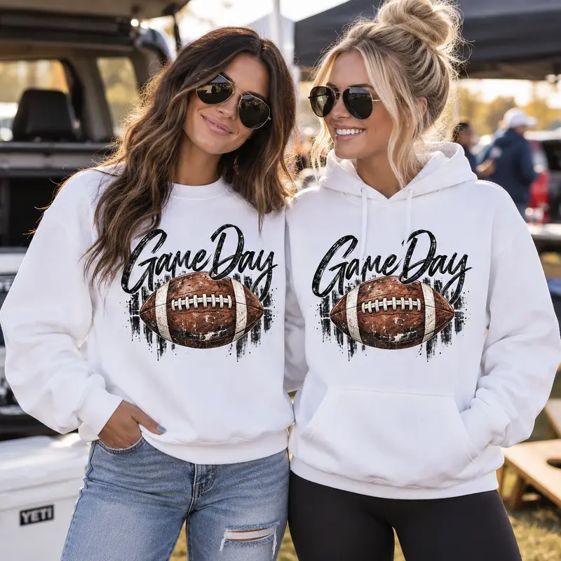 Game Day Football Sweatshirt & Hoodie – Vintage Distressed Football Graphic – Unisex White Crewneck or Pullover Hoodie – Football Season Apparel