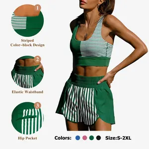 FISOEW Women's Colorblock Stripe Activewear Set Racerback Sports Bra & High Waisted Shorts for Gym Game Day & Casual Wear