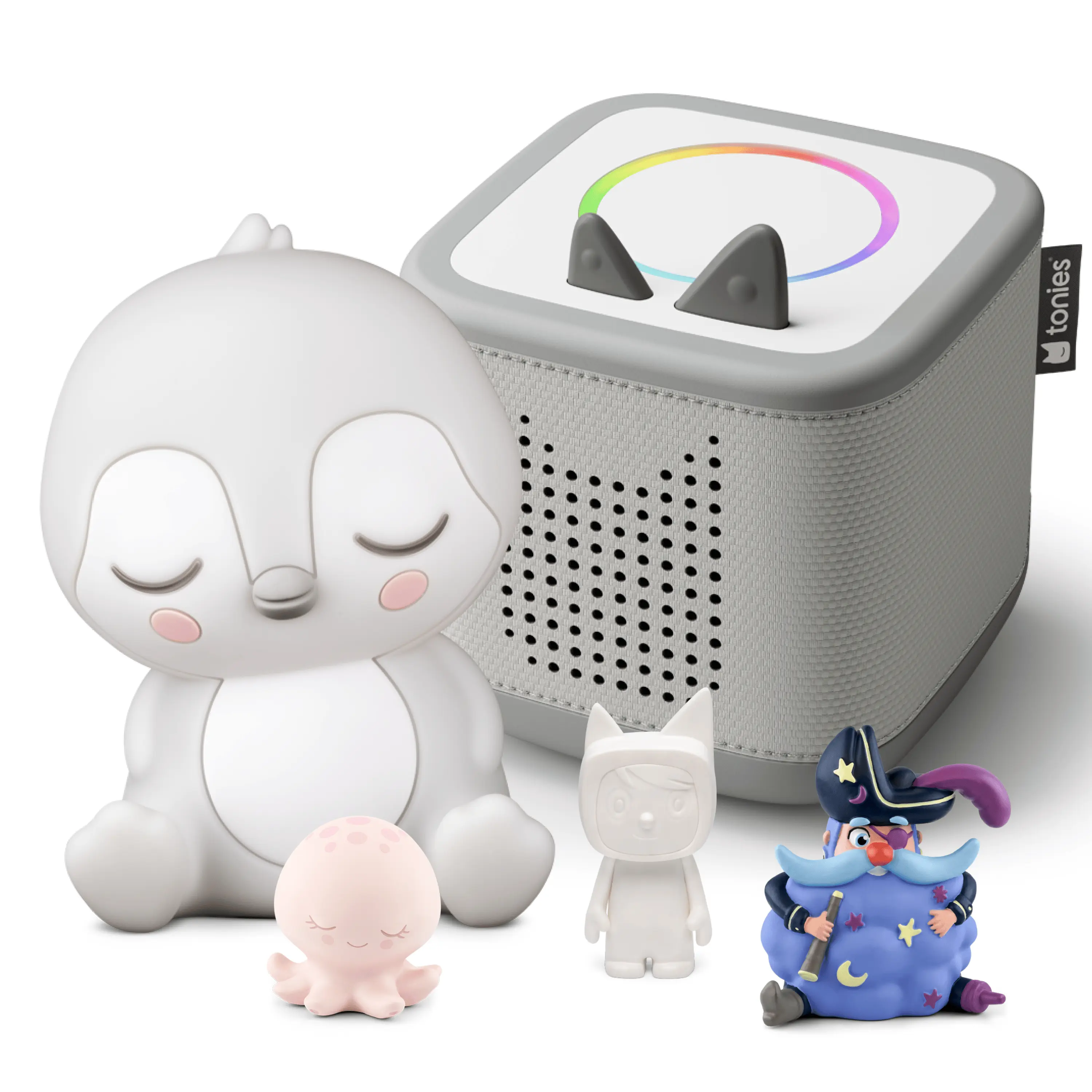 Moon Gray Toniebox 2 Musical Audio Player Bundle with Sleepy Penguin Nightlight, Sleepy Octopus, Capn' Dreambeard and DIY Creative Tonie | For Kids Ages 3+