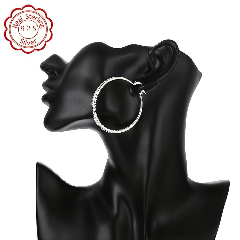 Pair Of 925 Silver Earrings, Suitable For Women, Elegant Large Circle Design, 925 Silver Color, Hypoallergenic Ear Needles, Suitable For Daily And Vacation Wear, Suitable As Valentine's Day Gift