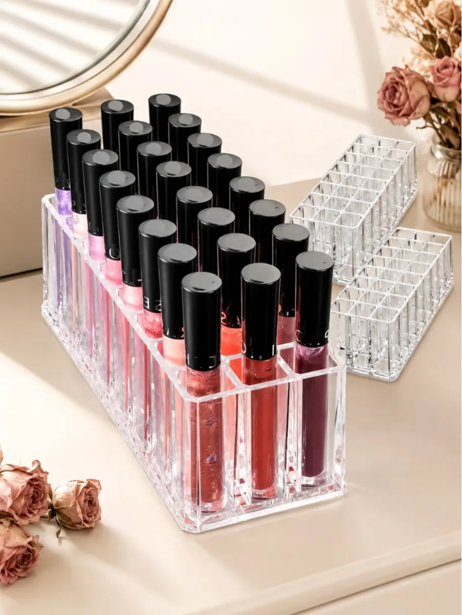 Byalegory 24-Space Acrylic Lip Gloss Storage Organizer Box, Plastic Home Supplies Space-Saver for Tall Lip Gloss & Lipstick Products