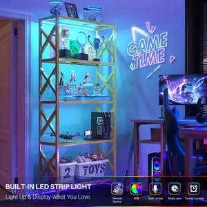 Unikito Display Cabinet with Glass Doors, Storage Cabinet with 3 Color Light, 4-Tier Curio Cabinet Bookcase for Collectibles, Toys, Books, for Playroom, Bedroom, Study Room, Golden