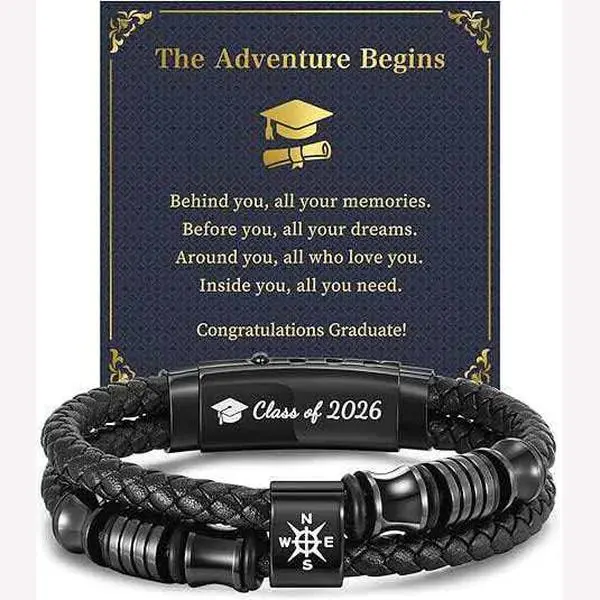Engraved Leather Charm Bracelet for Male Graduates, Class of 2026 Commemorative Jewelry with Compass, Adjustable Size Graduation Gift for Him, Inspirational Bracelet, Casual Wear, Personal Engraving, Bracelet Wristband, Boyfriend Gifts