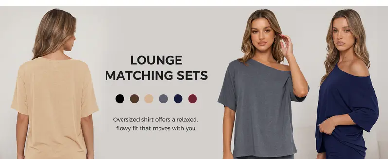 Fisoew Women's 2-Piece Lounge Set - Off-Shoulder Oversized Top & High-Waist Biker Shorts, Breathable Buttery-Soft Stretch Fabric, Casual Loungewear/Pajama Set for Home, Summer, Travel