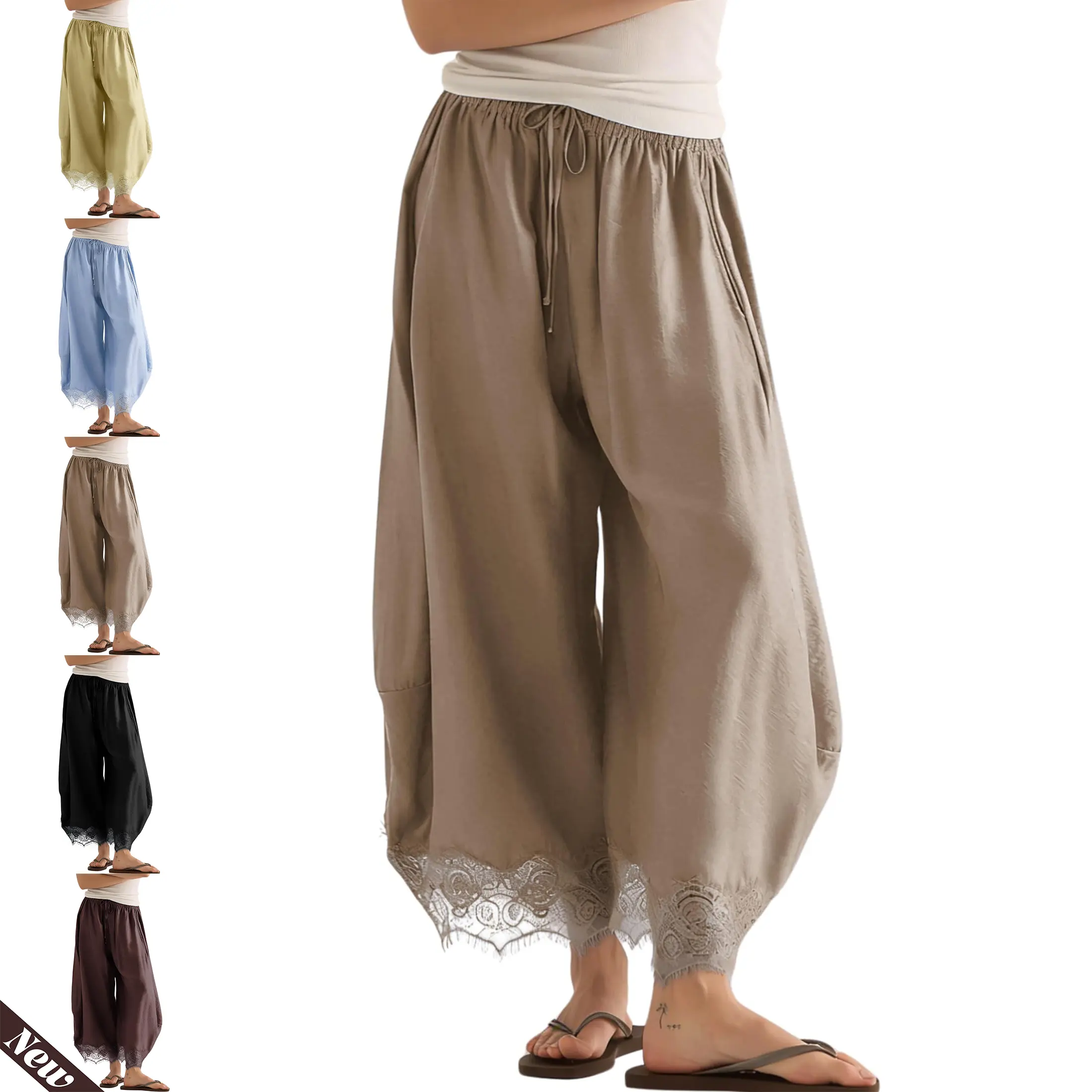 Wandal Women’s Lace Hem Balloon Pants, Lightweight Rayon Casual Wide Leg Pants with Elastic Waist & Pockets,clothes for back to school,first day of school outfits