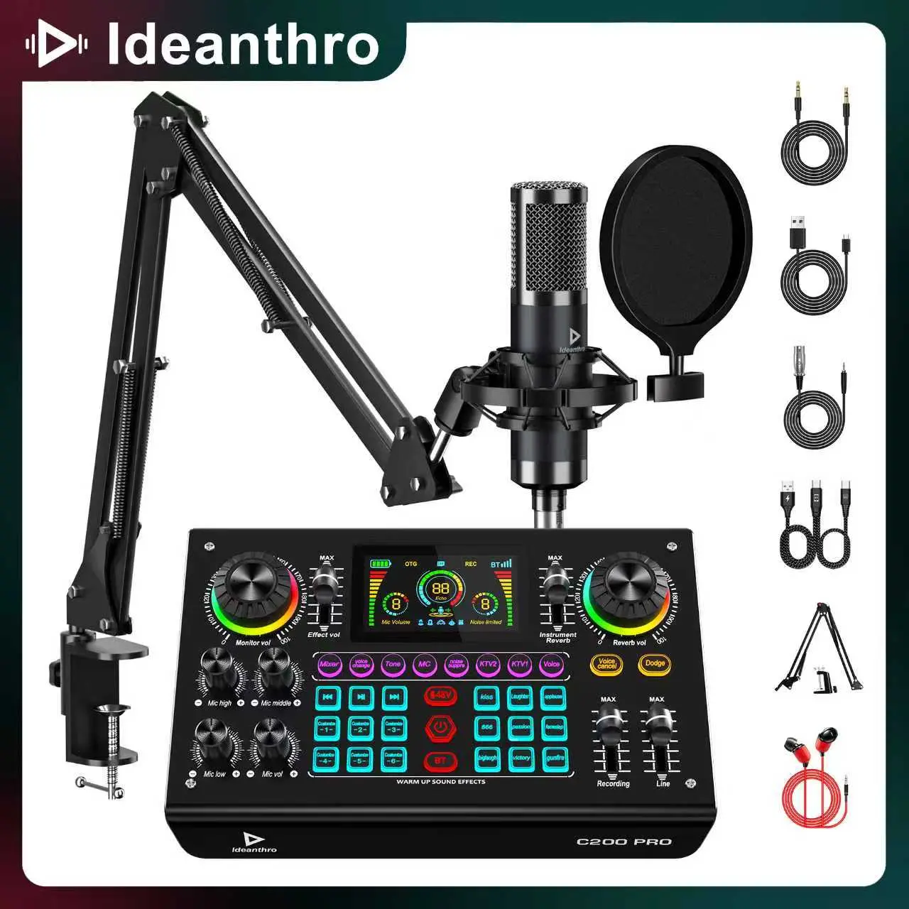 2026 New C200PRO-P15 USB Digital Soundcard Audio Equipment, 48V Streaming Mixer with Dual DSP Chips, High Sampling Rate, Custom Effects, Sing-Along Support, 48V Reverb, Digital Display, Mute Function, RGB Lights