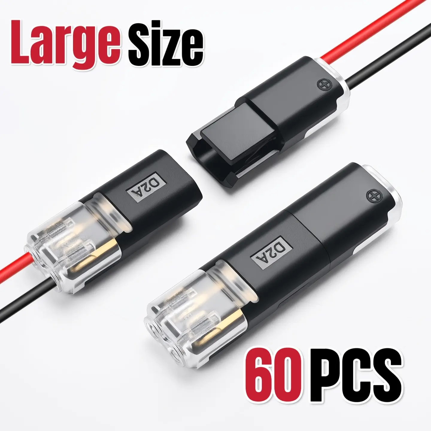 D2A Upgraded Large 2-Pin Quick Wire Splice Connectors - No-Strip No-Solder Pure Copper Terminals, Vibration-Lock Locking Buckle, -20℃ to 105℃, LED Compatible for 16/18 AWG 0.78-1.32mm² Flexible Wires, Durable Reliable Connectors for Automotive Wiring