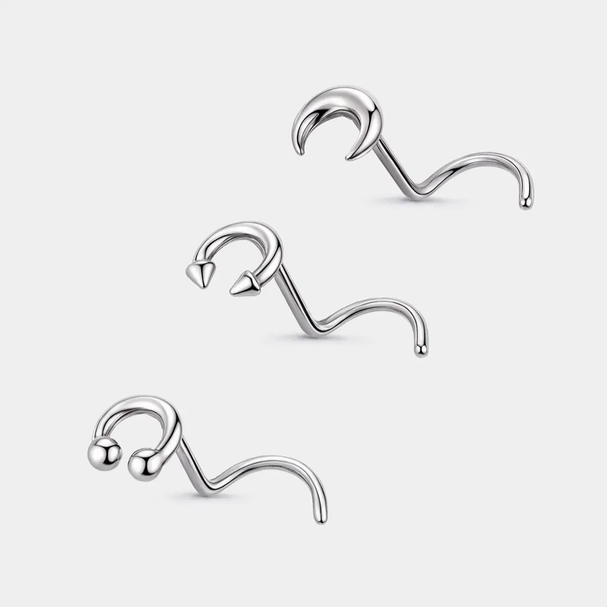 OUFER 3-Piece Chunky Stainless Steel Nose Piercing Jewelry Set - Pincher, Horseshoe, S Shape Spiral, Pincher+Ho Mix Styles