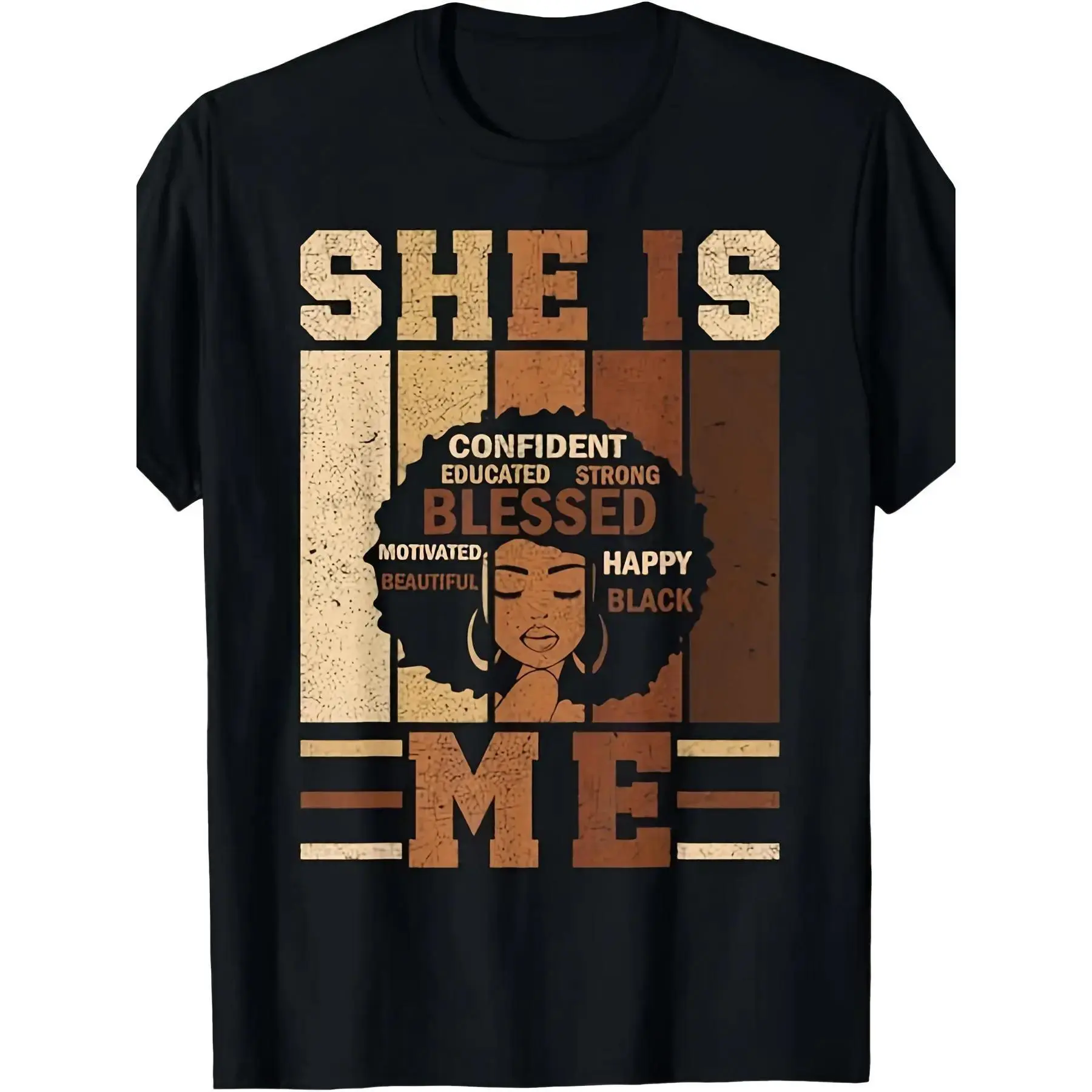 Unisex Cotton T-Shirt - Empowering Black History  Clothes, Short-Sleeve Round Neck Casual Tee with African Woman Portrait, Positive Affirmations (Educated, Strong, Beautiful, Motivational Quotes), Regular Fit Adult Tshirt