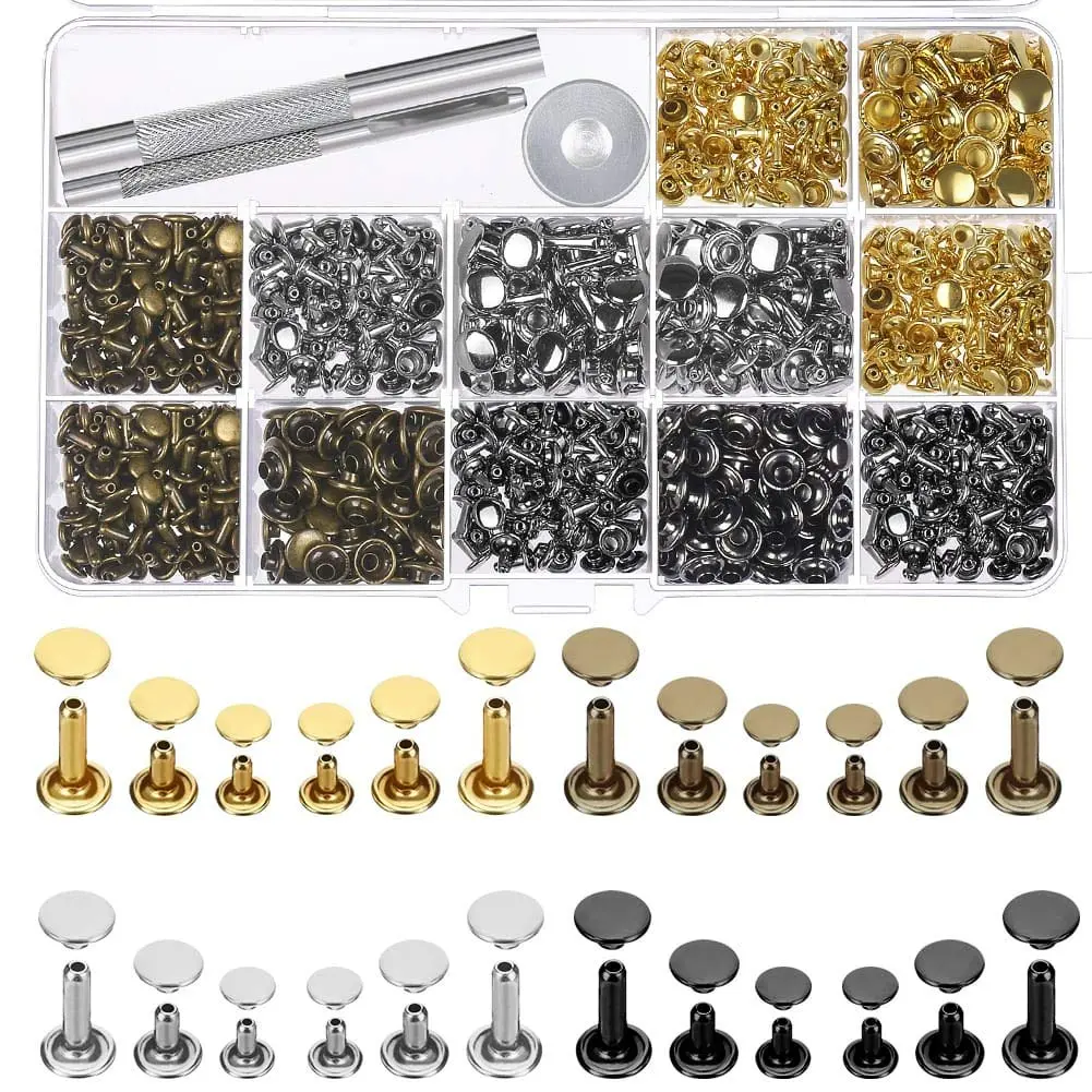 480 Sets 4 Colors 3 Sizes Leather Rivets Double Cap Rivet Tubular Metal Studs with 3 count Setting Tool Kit for Leather Craft Repairs Decoration