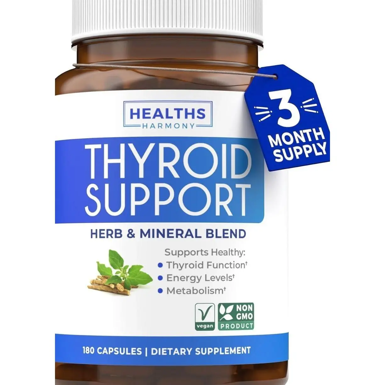 Thyroid Support with Iodine - 180 Capsules (Non-GMO) Improve Your Energy - Ashwagandha Root, Zinc, Selenium, Vitamin B12 Complex - Thyroid Health Supplement for Women and for Men - 90 Day Supply