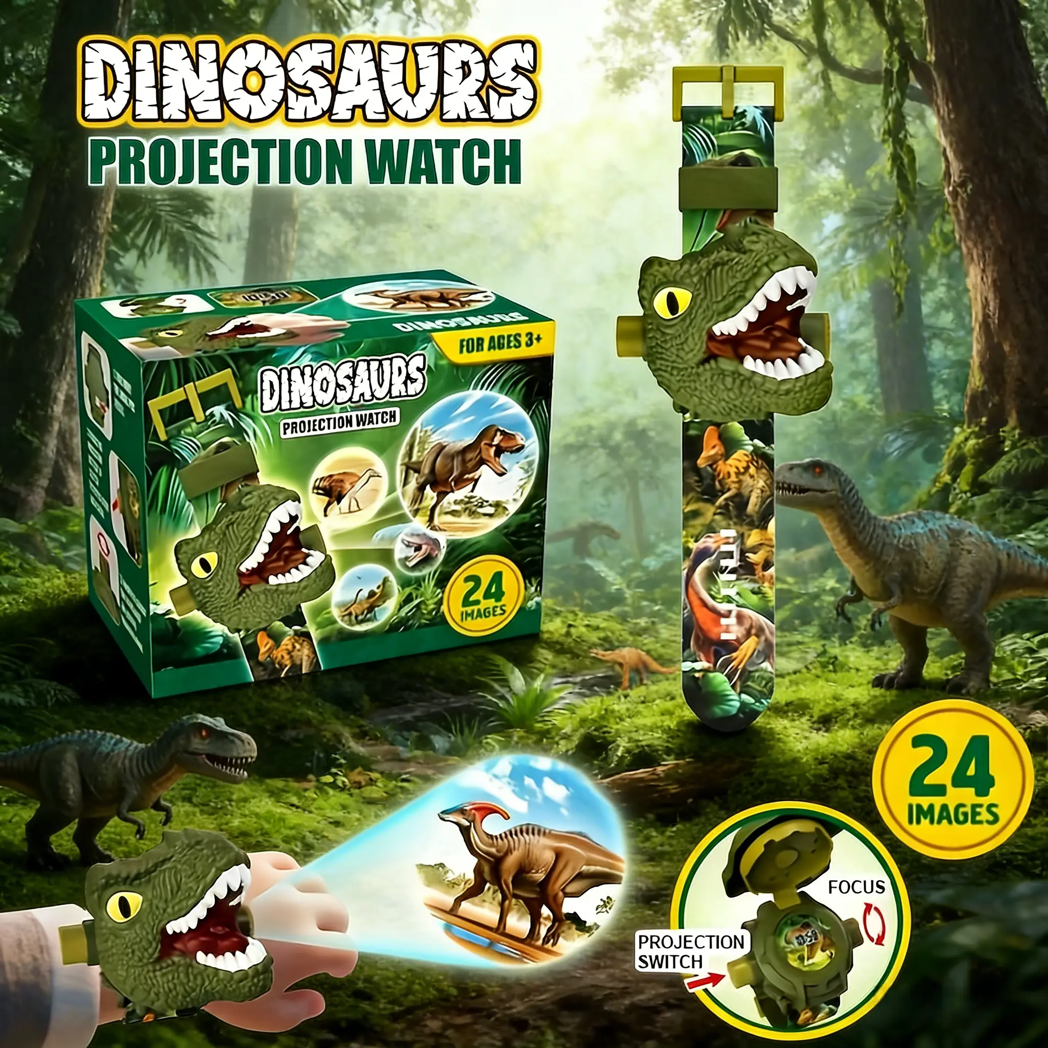 Kids Dinosaur Projection Watch Toy with 24 Dinosaur Patterns, Flip Projector Flashlight Watch, Adjustable Clarity Projection Watch, Educational Learning Toy, Birthday Gift for Boys Girls Toddlers