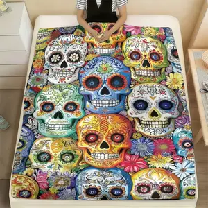 Mexican Folk Art Calavera Throw Blanket , Day of the Dead Sugar Skull Plush Blanket  , Día de los Muertos Calavera Art ， Ultra-Soft Bedding for Day of the Dead & Gothic Home Decor