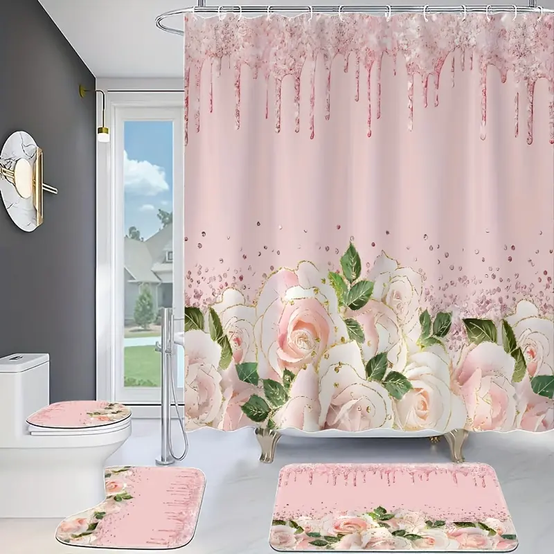 HOT 4pcs Luxurious Sparkling Pink Rose Bathroom Decor Set - Elegant  Waterproof  Easy-Clean Shower Curtain with 12 Smooth-Glide Hooks  Plus Matching Rug  U-Shape Mat  and Toilet Lid Cover for a Complete Bathroom Makeover