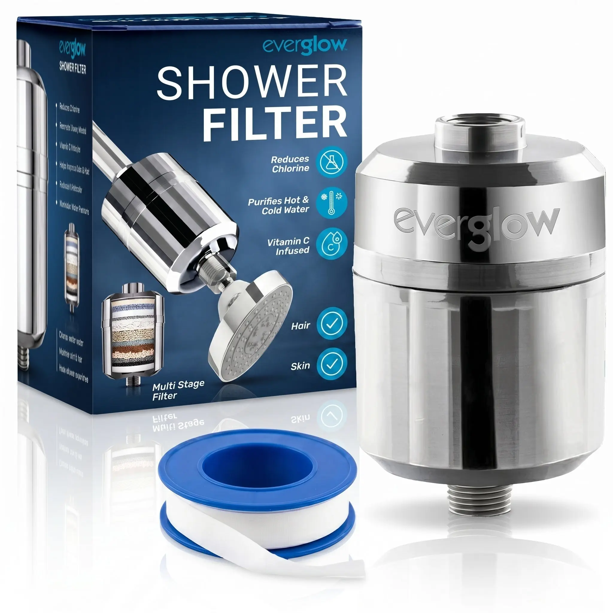 EVERGLOW High-Output Shower Filter, Reduces Chlorine, Dry Skin, Dandruff, Eczema, Heavy Metals and Vitamin C Infused for Dandruff and Softens Hard Water, 4.7”