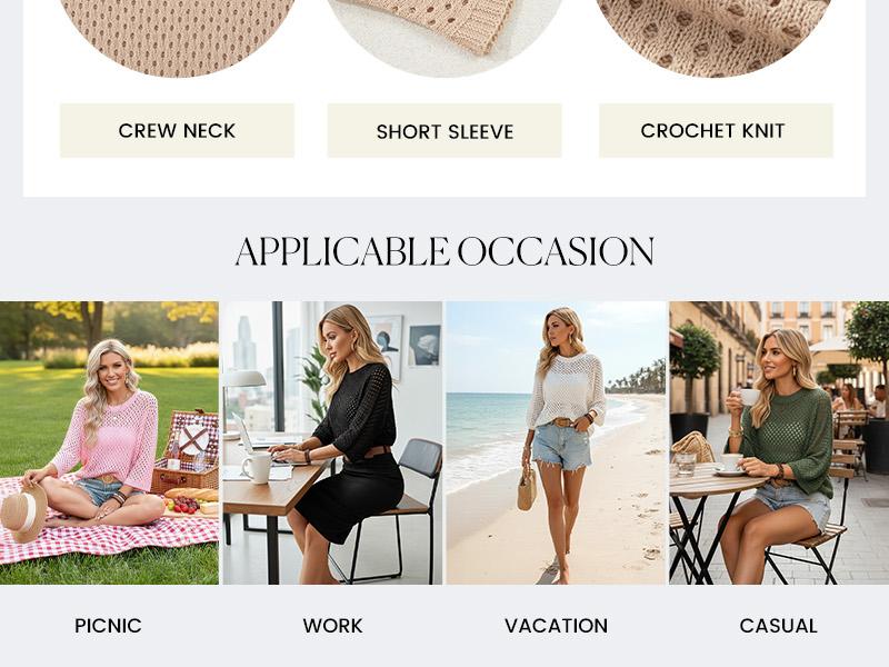 Shewin 2026 Spring/Summer Women's Oversized Hollowout Sweater Breathable Cut-Out Round Neck Half Sleeve Tunic Top for Daily & Vacation Casual Wear SpringStatements