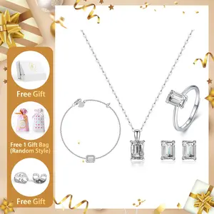 Moissanite 1ct Solitaire Step Cut Jewelry Set Earrings Ring Necklace Bracelet Set for Birthday Wedding Engagement Anniversary  Gift Daily Wear mothersdaygift