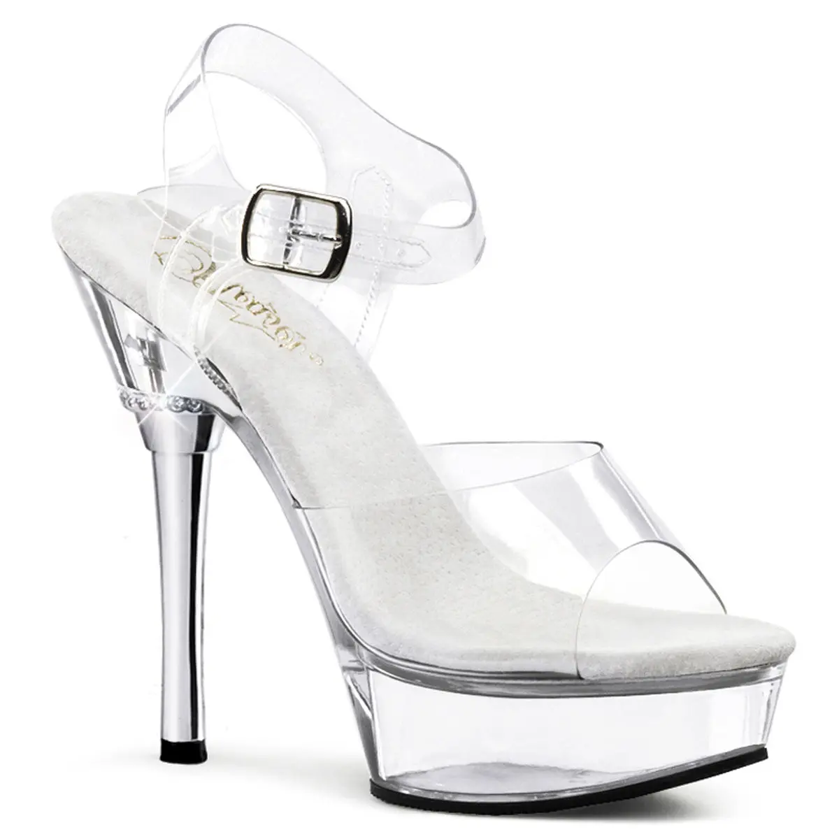 Women's Open-Toe Platform Sandals - 5.5-in Chrome Heel, Transparent Ankle Strap, Jewel Accent Footwear for Evening Special Events, Statement Shoes