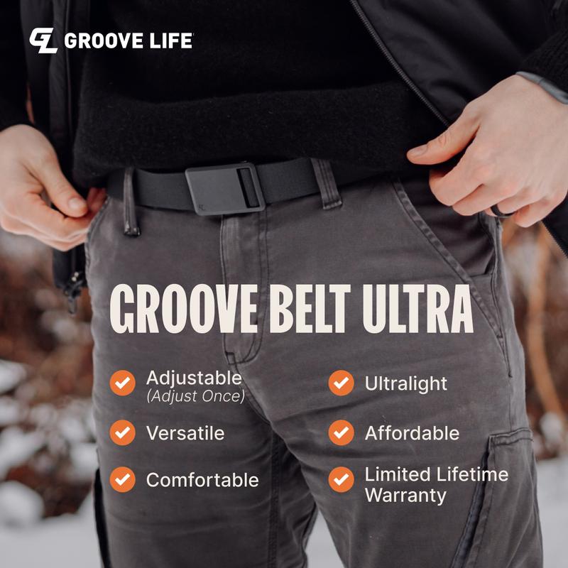 Groove Life Groove Belt Ultra - Black | Comfortable, Lightweight, Durable, Adjustable Stretch Belt for Men, Magnetic Curved Polymer Buckle, Machine Washable, Limited Lifetime Warranty
