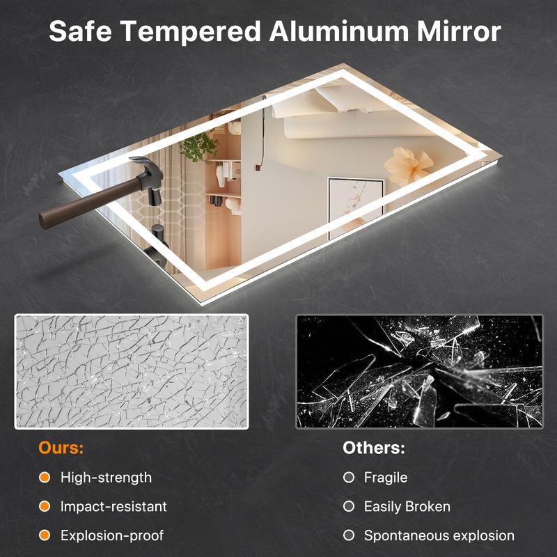 GLITGATE LED Bathroom Mirror Lights, Dimmable Bathroom Mirror with Touch Control, Over Sink Bathroom Mirror with Tempered Glass, 3-Color Options, Wall Mounted, Defogging&Memory Timing Function, Closets, Hallways,Barber Shop