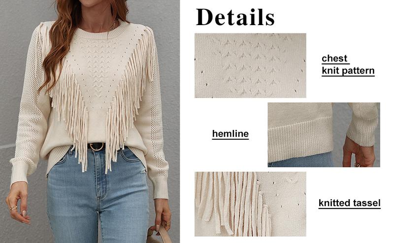 Women's Casual Crewneck Knitted Sweater | Fringe Tassel Detail Pullover Jumper - Perfect for Daily Outfits & Coffee Dates