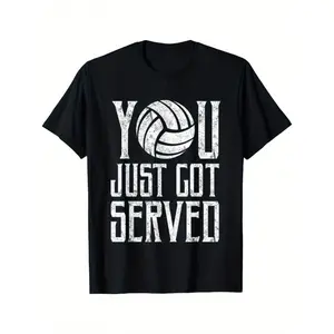 Funny Volleyball "You Just Got Served" Graphic T-Shirt - Black Distressed Print, Loose Fit Casual Tee, 100% Machine Washable, Novelty Sports Apparel, Volleyball Gifts, Volleyball Enthusiast Gear, Volleyball Print, Comfortable Fit Oversized Tshirt