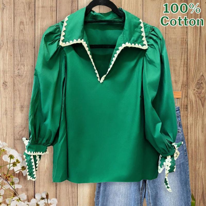 SageVell 100% Cotton Flattering Green Blouse for Women Soft Fit Southern Style with Scalloped Trim  Top for Spring  Outfits Easy Everyday Elegance