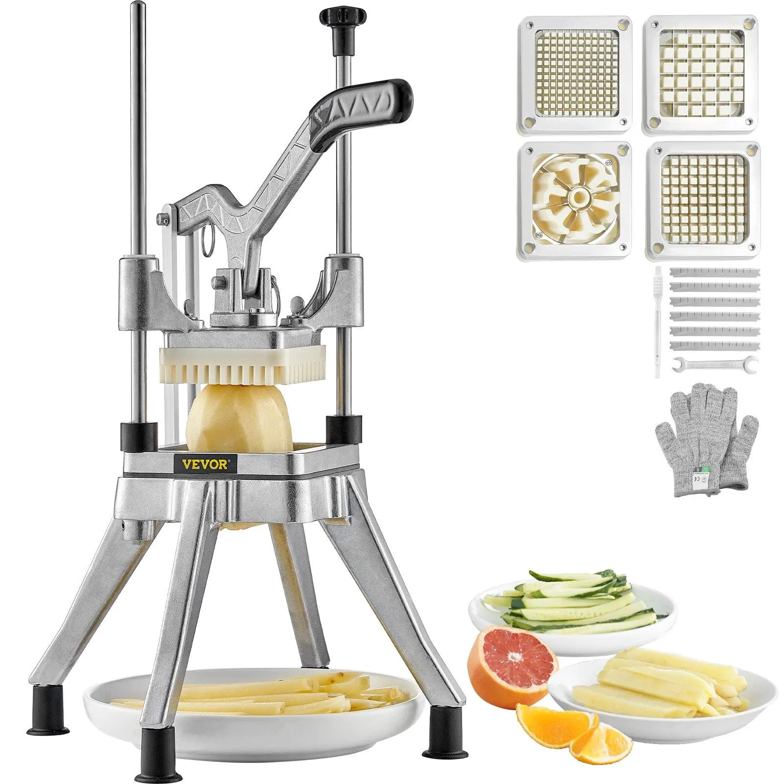 【Backtoschool】VEVOR Commercial Vegetable Chopper w/ 4 Replacement Blades, Stainless Steel French Fry Cutter Potato Dicer & Fruit Slicer for Restaurants & Home Kitchen