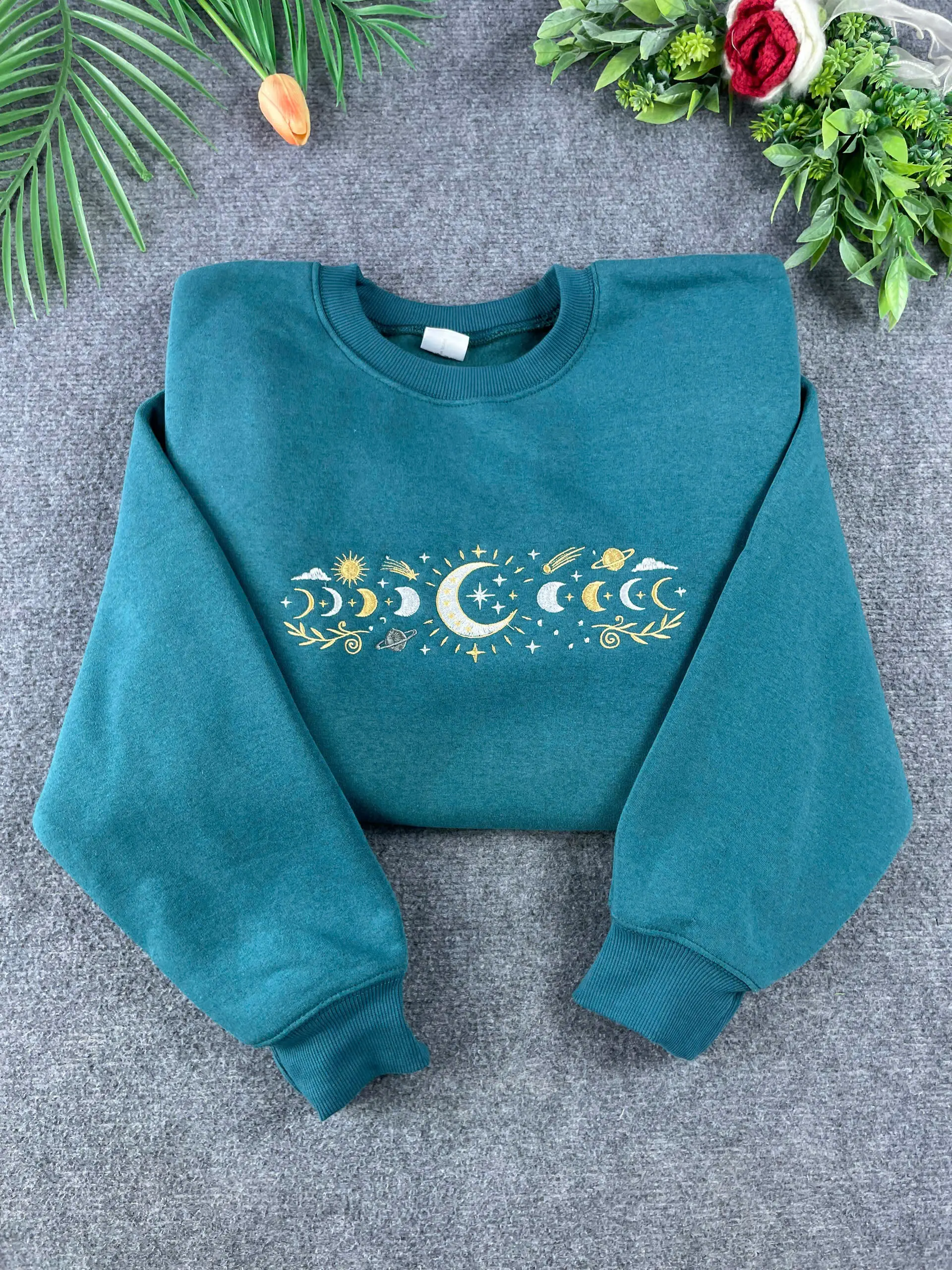 Moon Phases Embroidered Shirt, Crescent Moon Embroidery Sweatshirt, Moon Star Hoodie, Cosmic Lover Gift, Cosmic Shirt