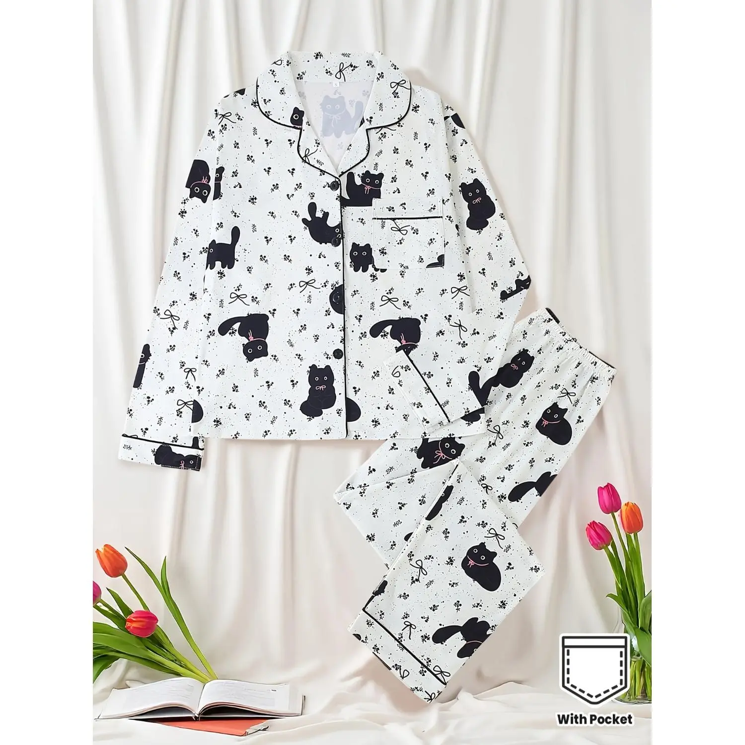 Black Cat Printed Pajama Set Made of Comfortable Fabric, Featuring a Long-Sleeve Collared Top Paired with Elastic Waist Long Pants, Complete with Pockets And Buttons, Suitable for Year-Round Wear